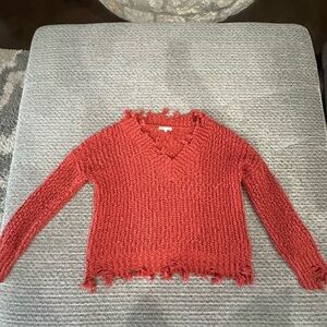 MIRACLE USA Women’s “torn/tatter” V-Neck Sweater in Rust